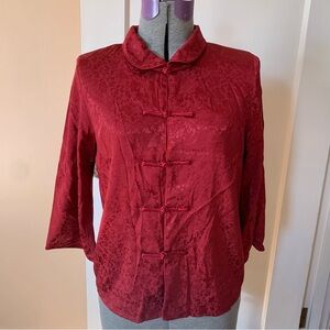 Chinese Blouse Sz M Dark Red Oxblood Button Up Cheong Sam Brocade 3/4 Sleeves